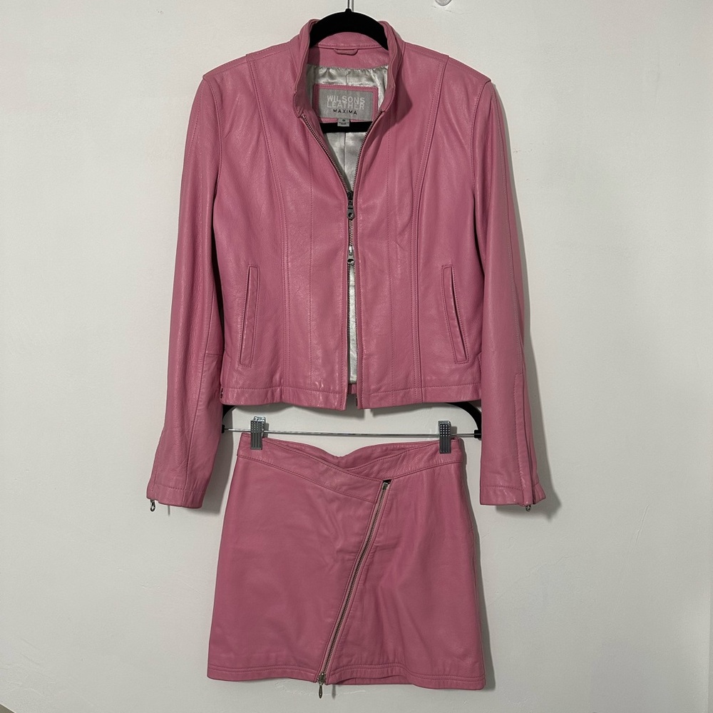 Pink Wilsons Leather Jacket and Skirt Set